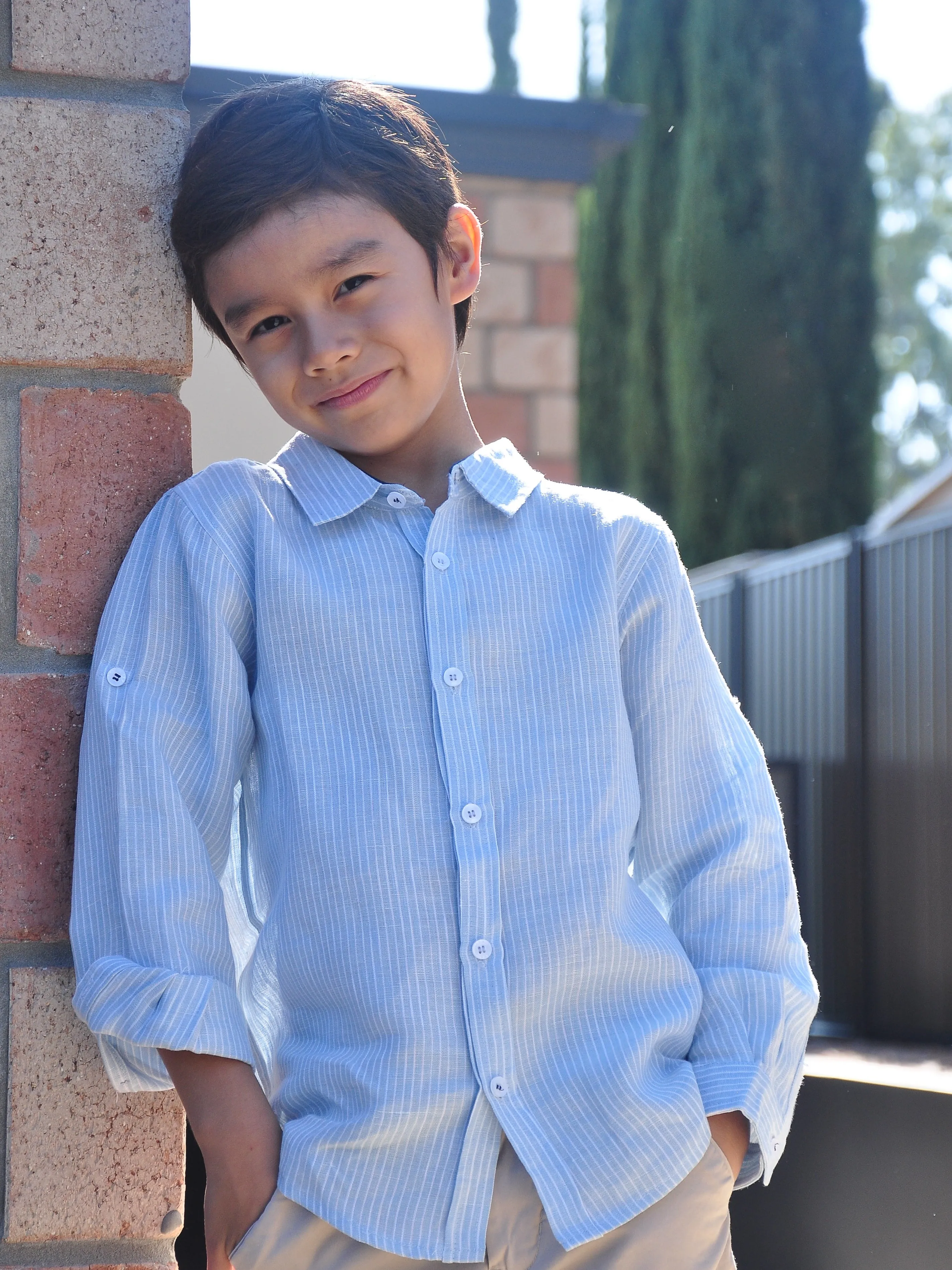 Boy Linen Shirt LS Light Blue White Stripes