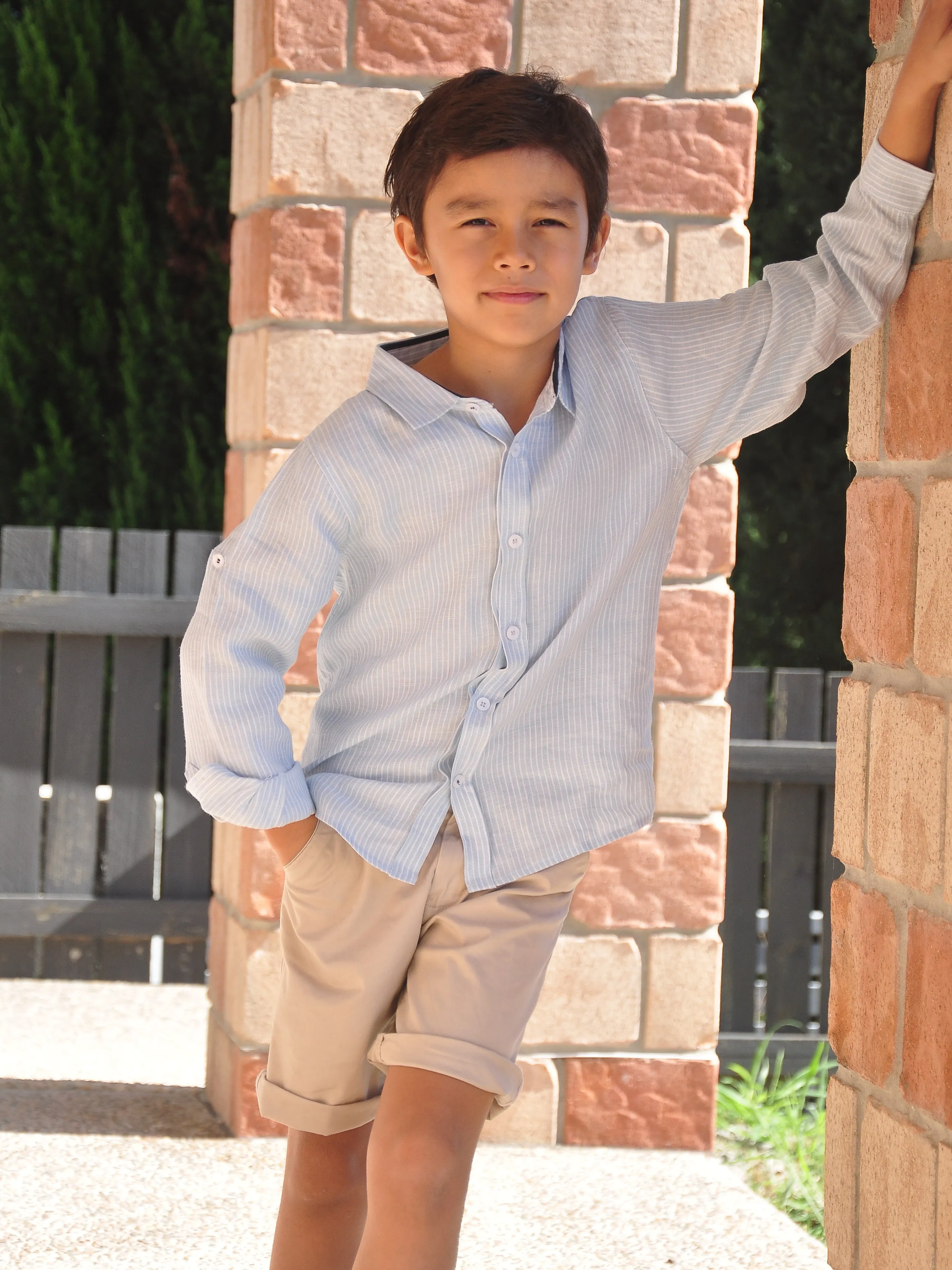 Boy Linen Shirt LS Light Blue White Stripes