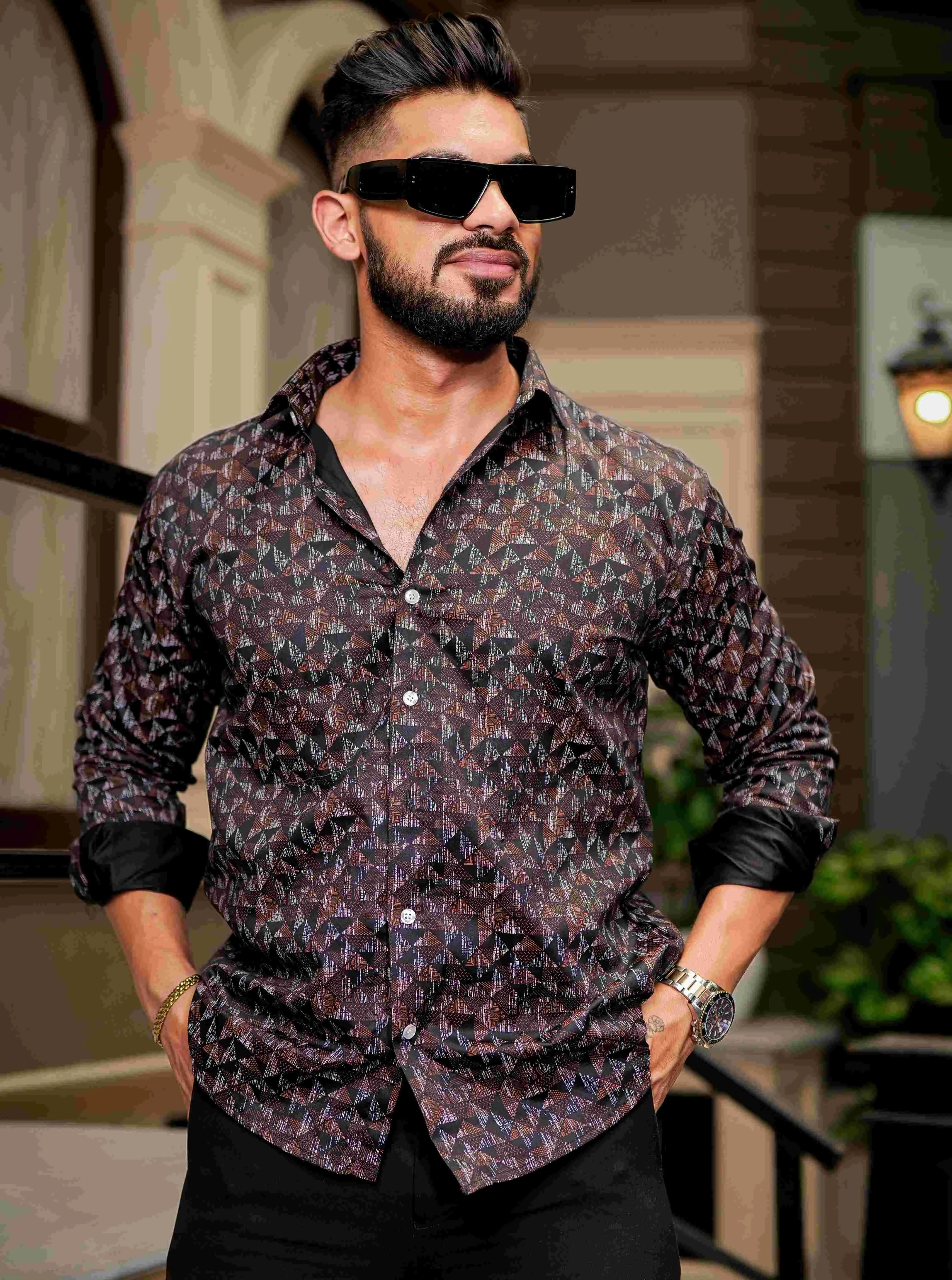 Brown Cotton Print Premium Shirt