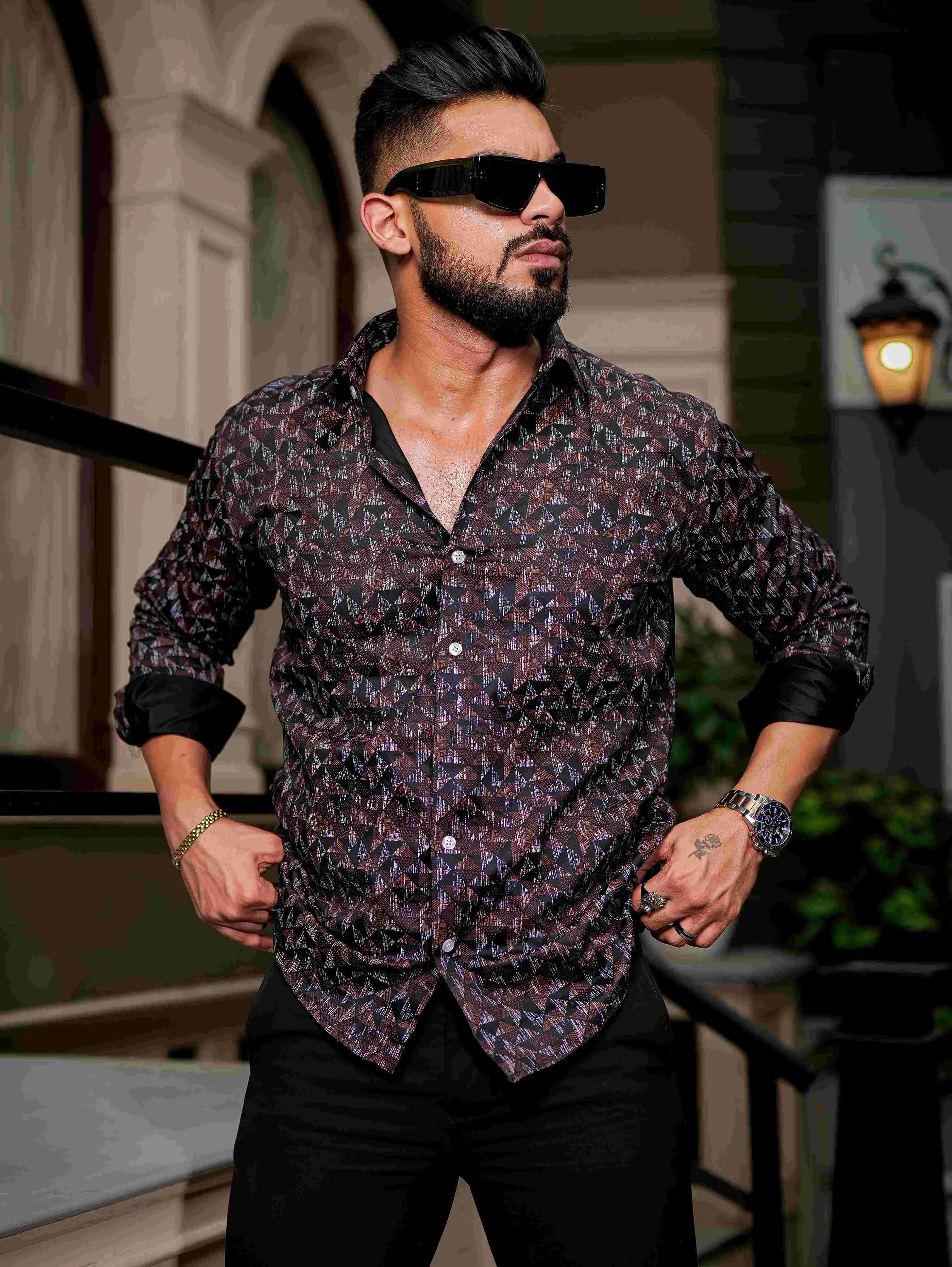 Brown Cotton Print Premium Shirt