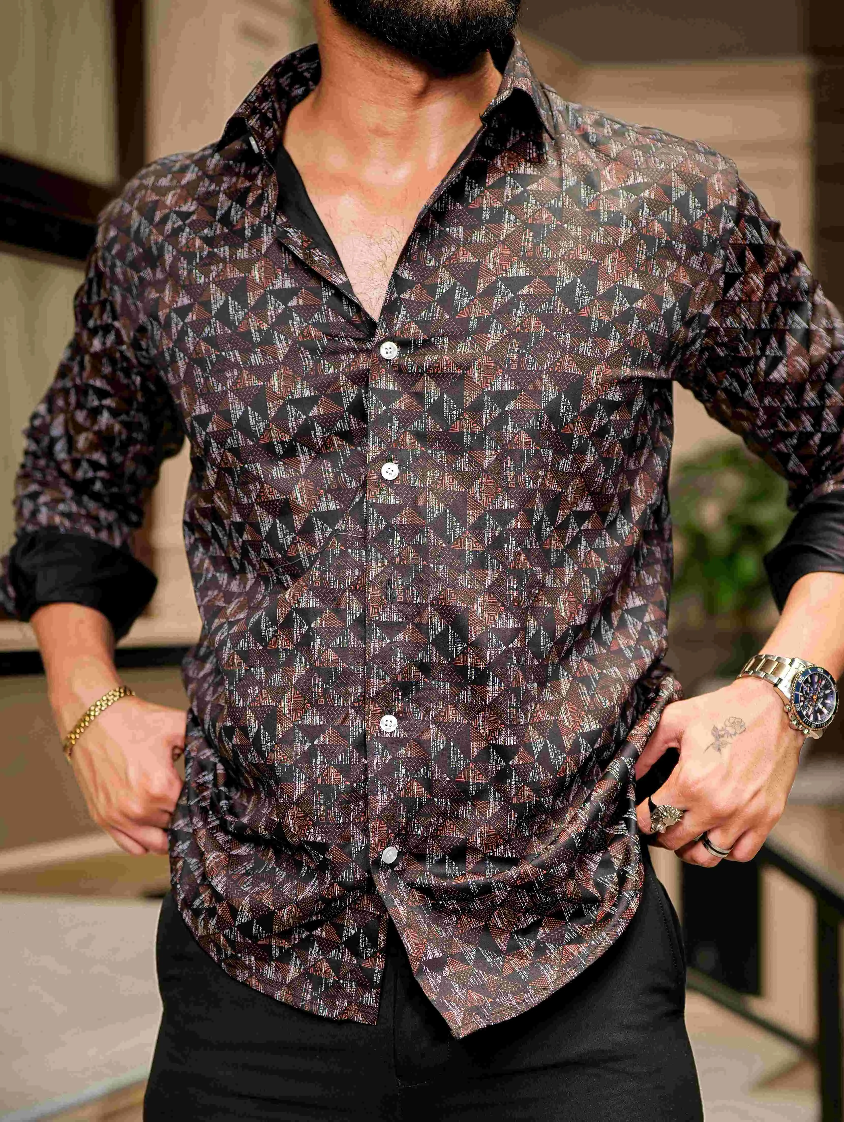 Brown Cotton Print Premium Shirt