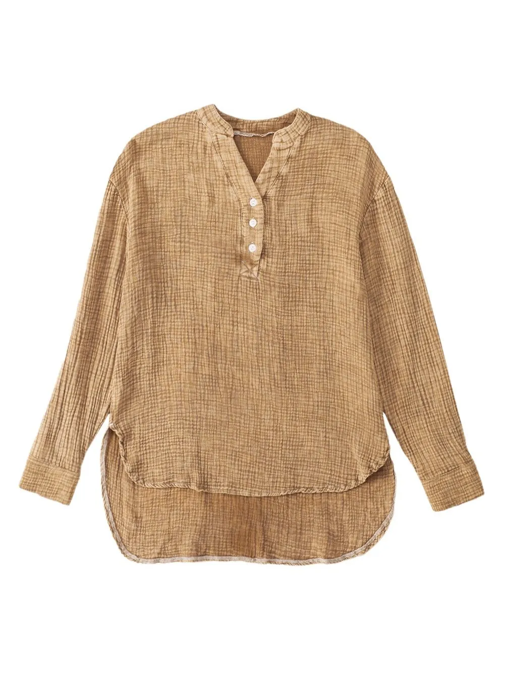 Brown Crinkle Textured V-Neck Loose-fit Henley Top