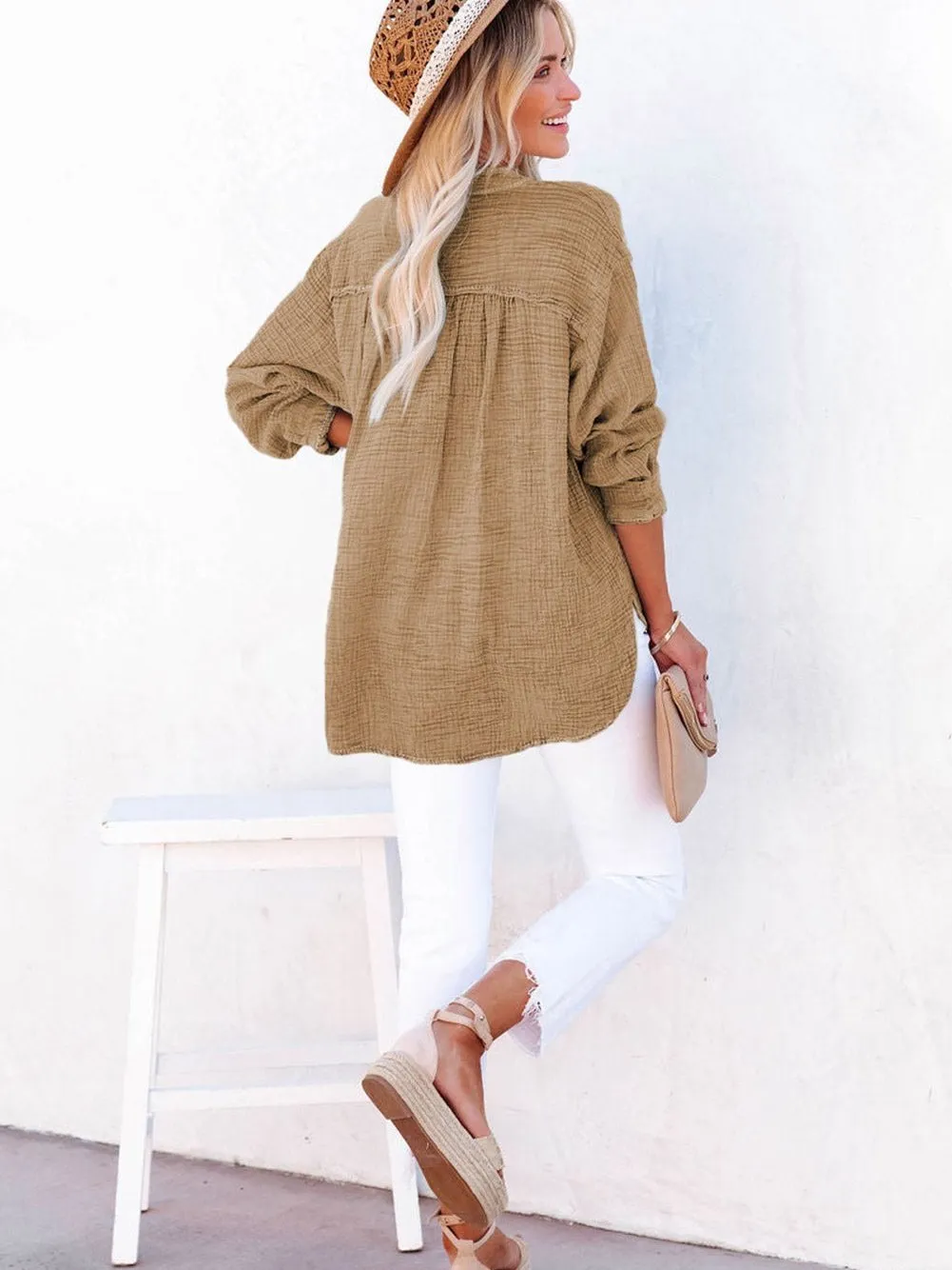 Brown Crinkle Textured V-Neck Loose-fit Henley Top