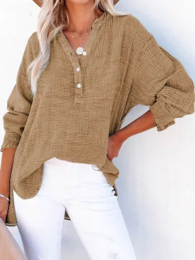 Brown Crinkle Textured V-Neck Loose-fit Henley Top