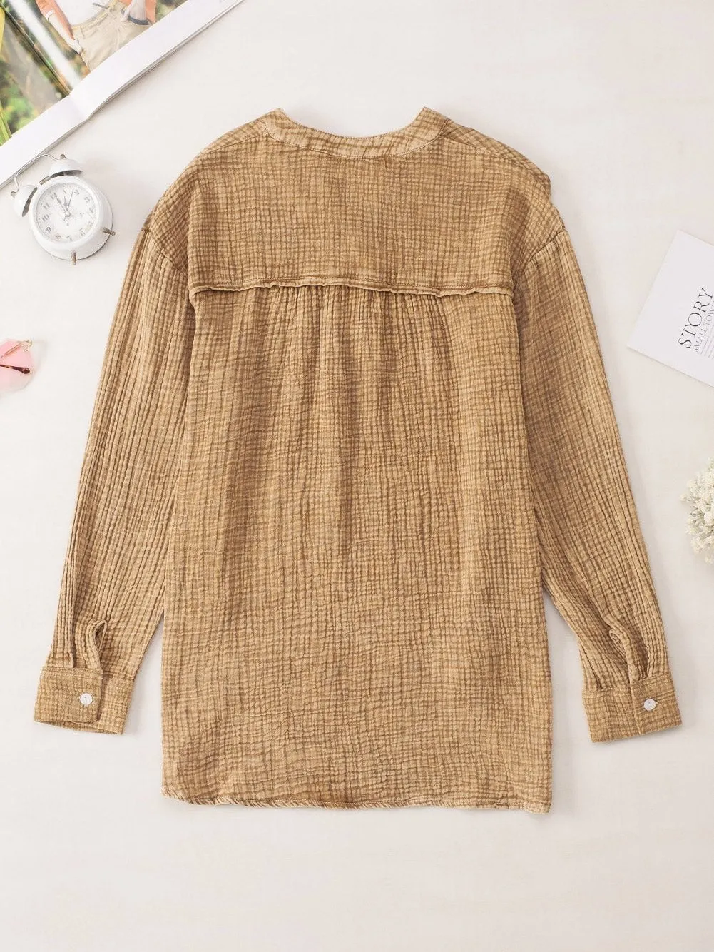 Brown Crinkle Textured V-Neck Loose-fit Henley Top