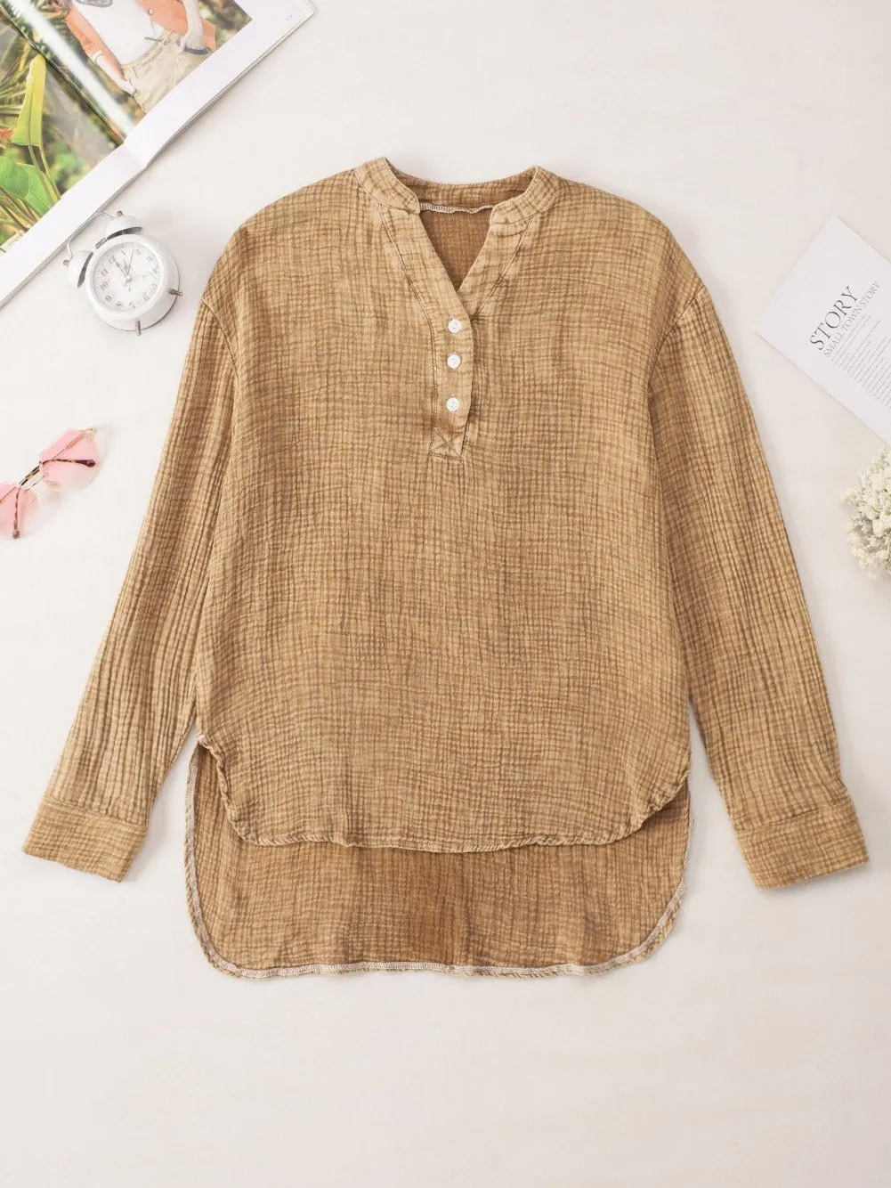 Brown Crinkle Textured V-Neck Loose-fit Henley Top