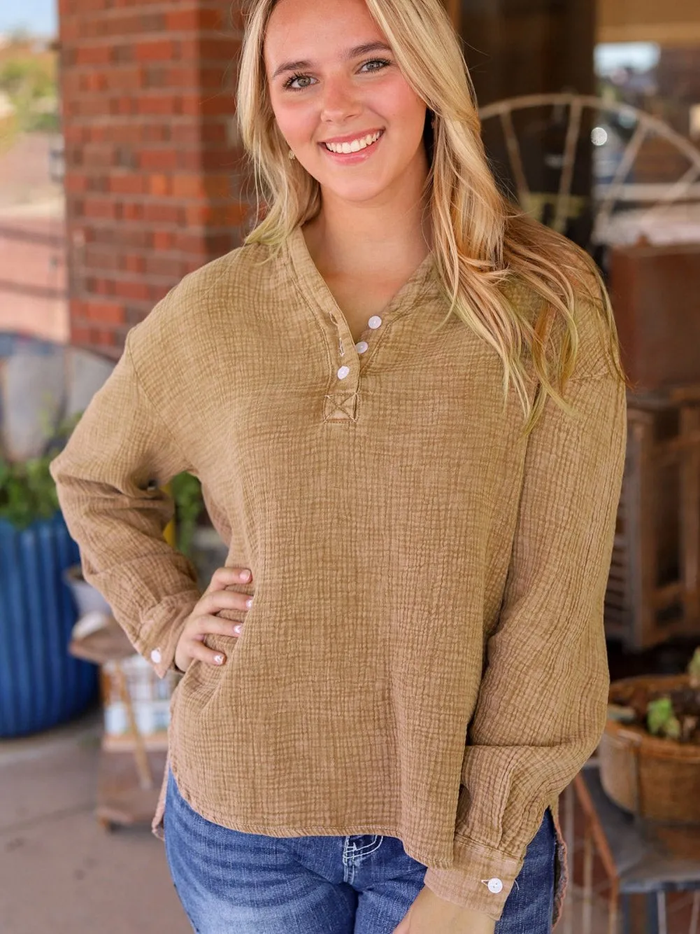 Brown Crinkle Textured V-Neck Loose-fit Henley Top