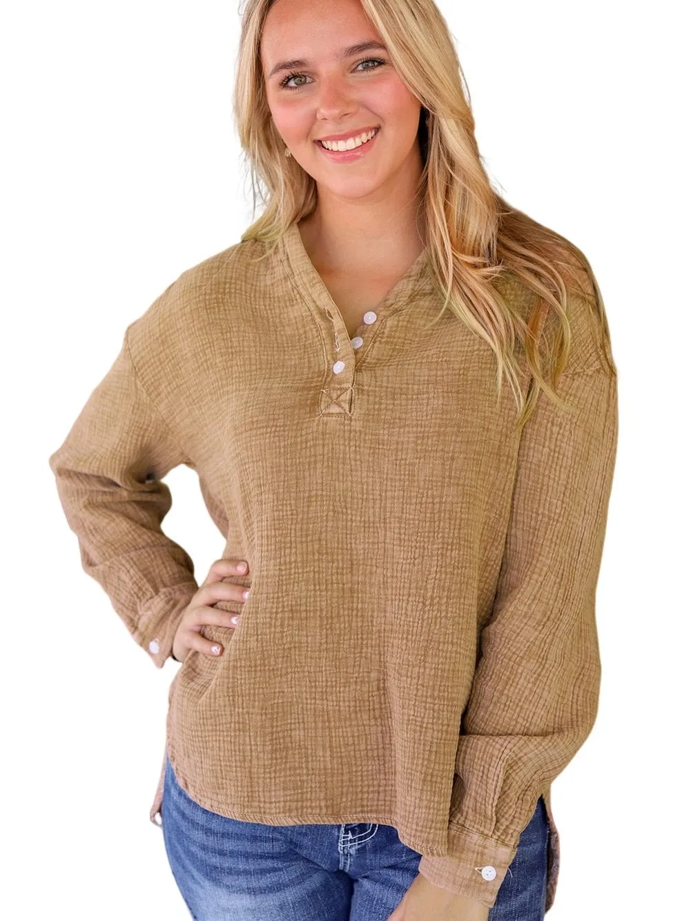 Brown Crinkle Textured V-Neck Loose-fit Henley Top