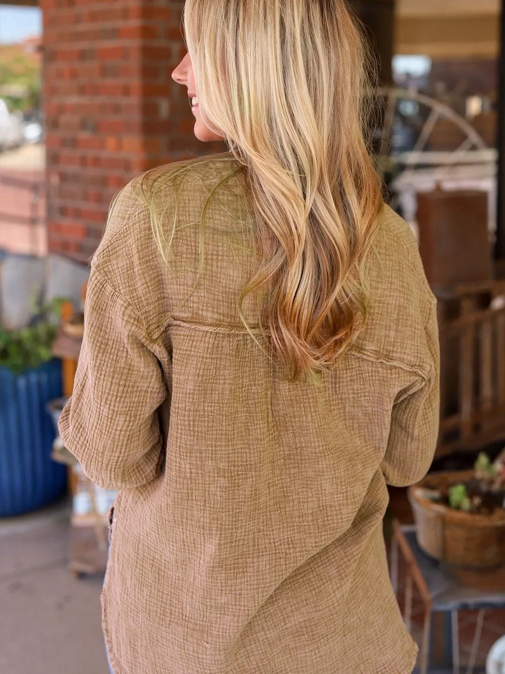 Brown Crinkle Textured V-Neck Loose-fit Henley Top