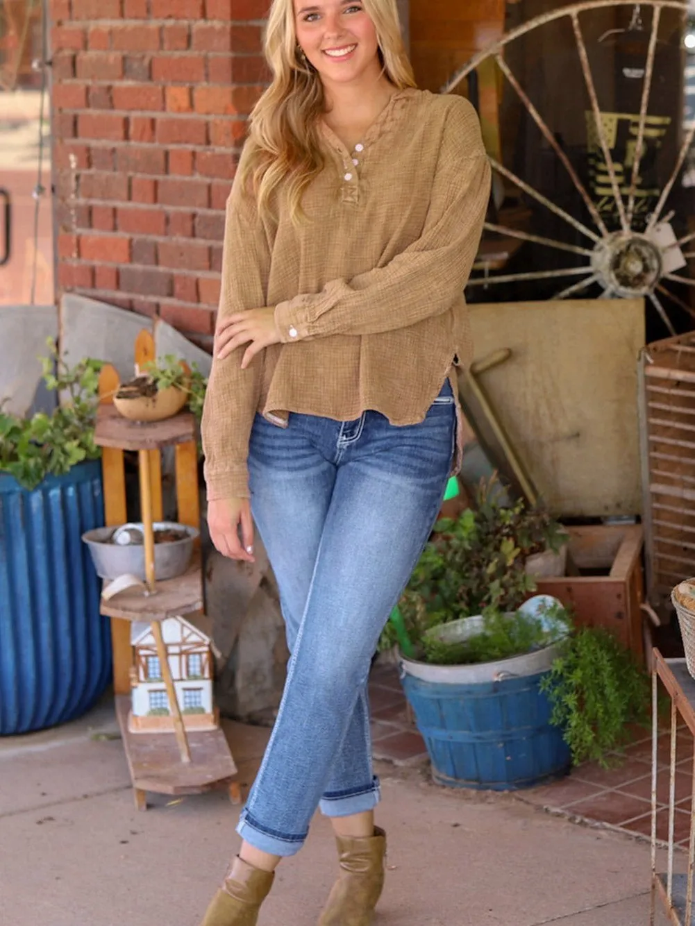 Brown Crinkle Textured V-Neck Loose-fit Henley Top