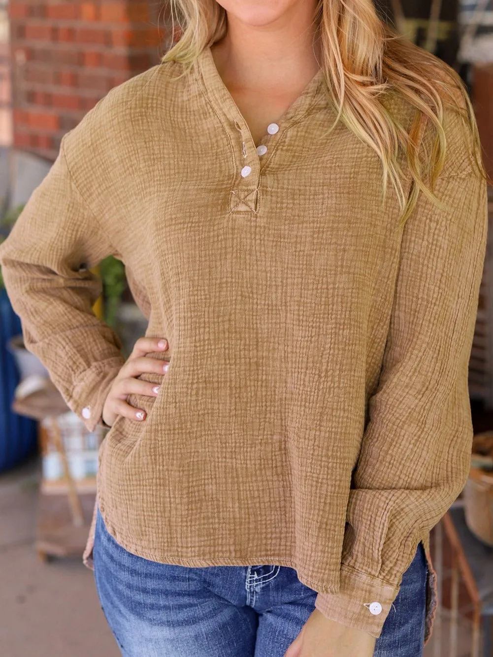 Brown Crinkle Textured V-Neck Loose-fit Henley Top