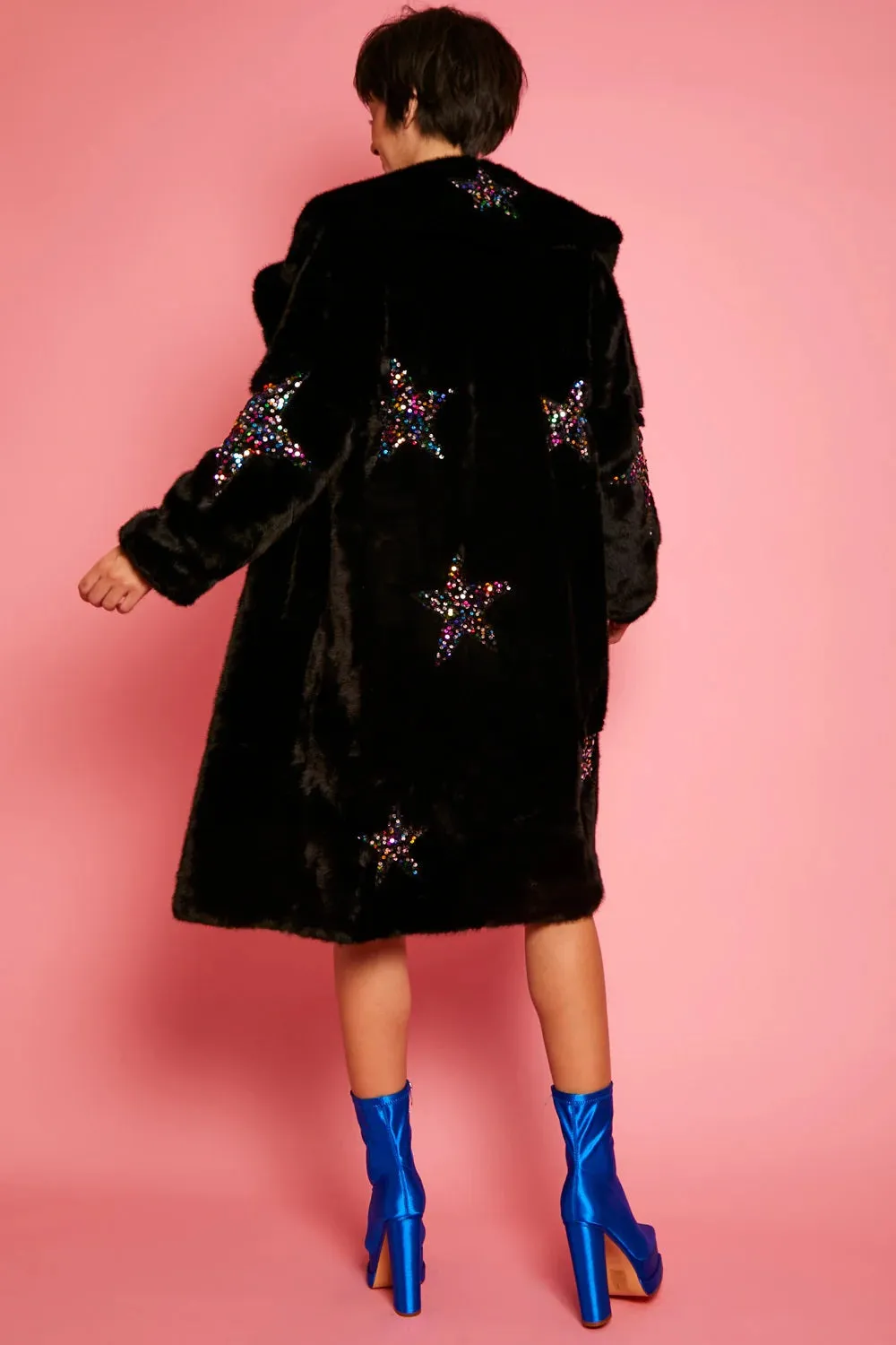 Buy Me Fur - Women's Black Eco Bamboo Faux Fur Sequin Star Coat