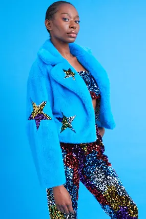 Buy Me Fur - Women's Blue Bamboo Faux Fur Sequins Star Jacket