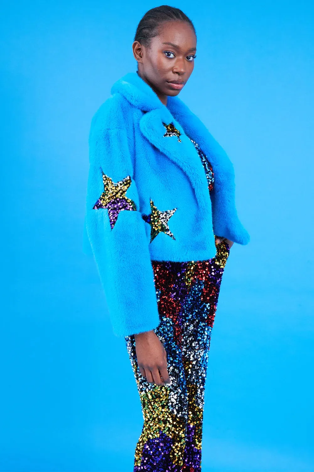 Buy Me Fur - Women's Blue Bamboo Faux Fur Sequins Star Jacket