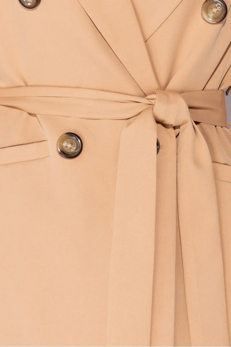 Camel Double Breasted Belted Fitted Blazer