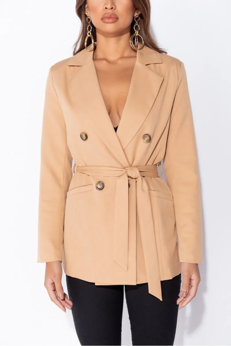 Camel Double Breasted Belted Fitted Blazer