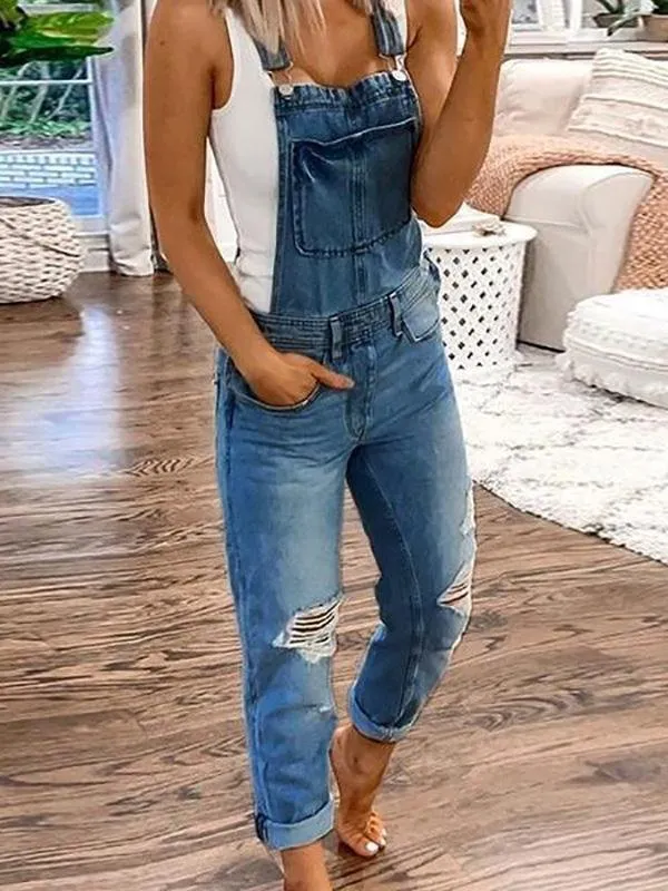 Casual Double Shoulder Strap Ripped Denim Jumpsuit