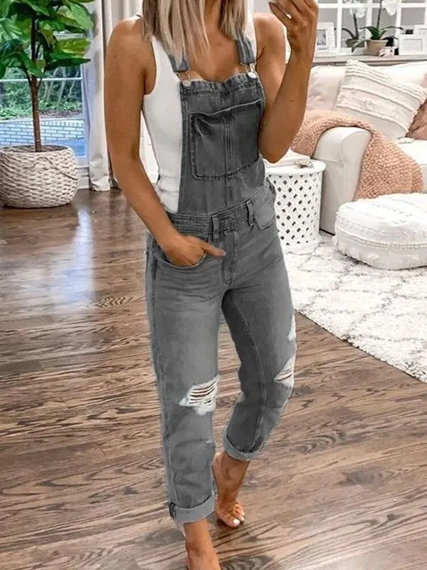 Casual Double Shoulder Strap Ripped Denim Jumpsuit