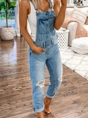 Casual Double Shoulder Strap Ripped Denim Jumpsuit