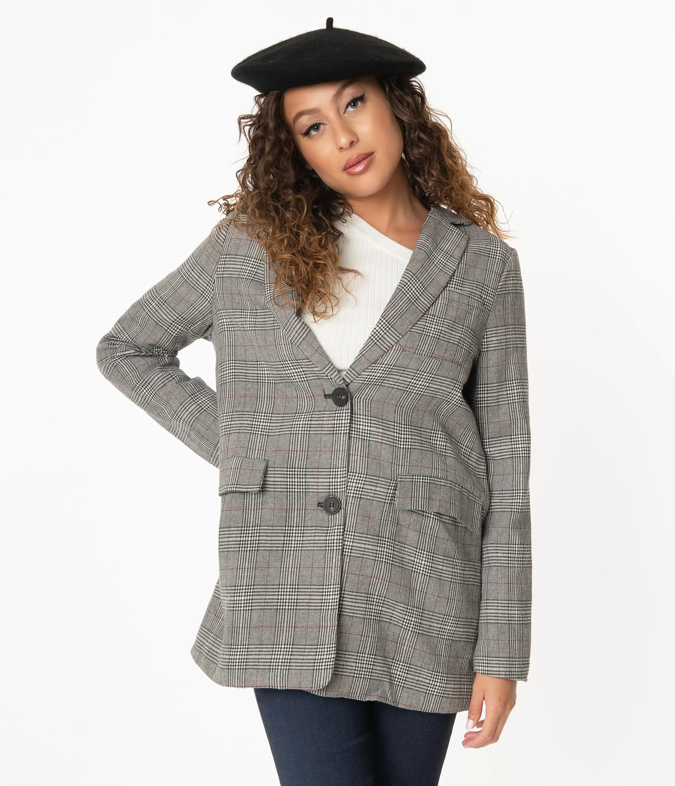 Charcoal Grey Glen Plaid Long Blazer