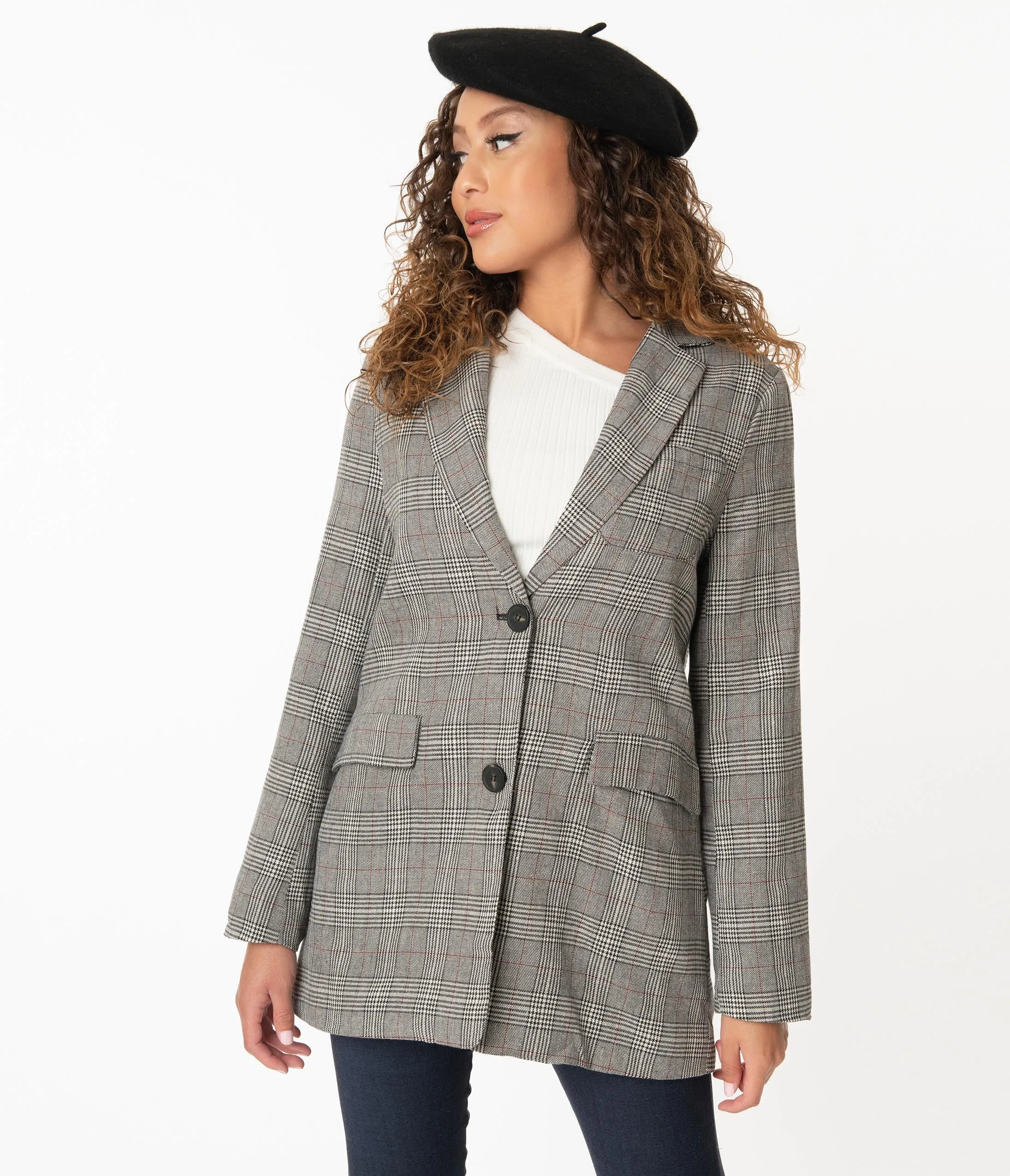 Charcoal Grey Glen Plaid Long Blazer