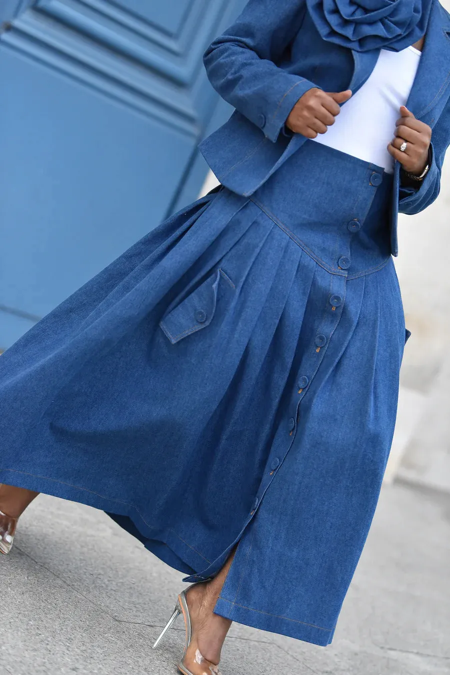 Chic Three-dimensional Floral Denim Blazer & Skirt Set