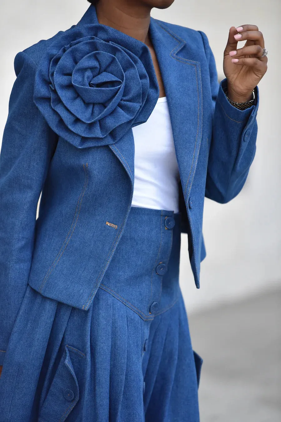 Chic Three-dimensional Floral Denim Blazer & Skirt Set