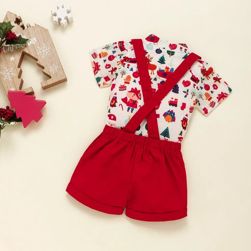 Christmas Bow Tie Bodysuit and Suspender Shorts 2-piece Set