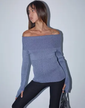 Circe Knitted Bardot Jumper in Two Tone Blue