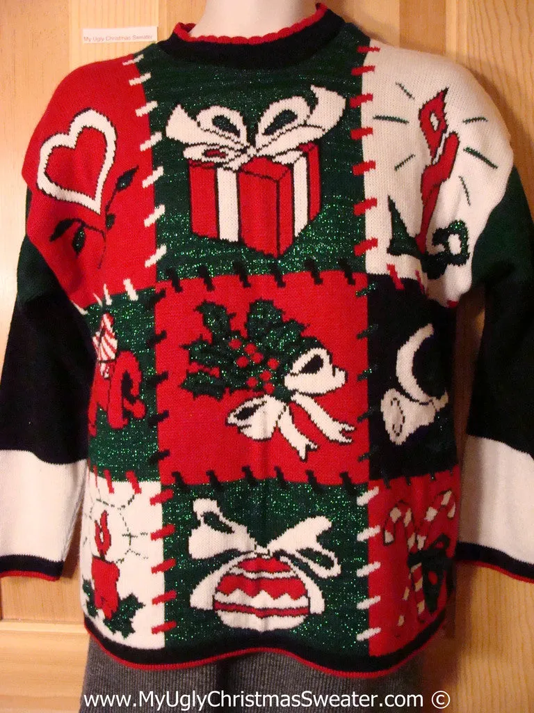 Classic 80s Acrylic Tacky Holiday Sweater with Patchwork Blocks of Candle, Gift, Heart, Candy Canes and Ivy. (f1031)