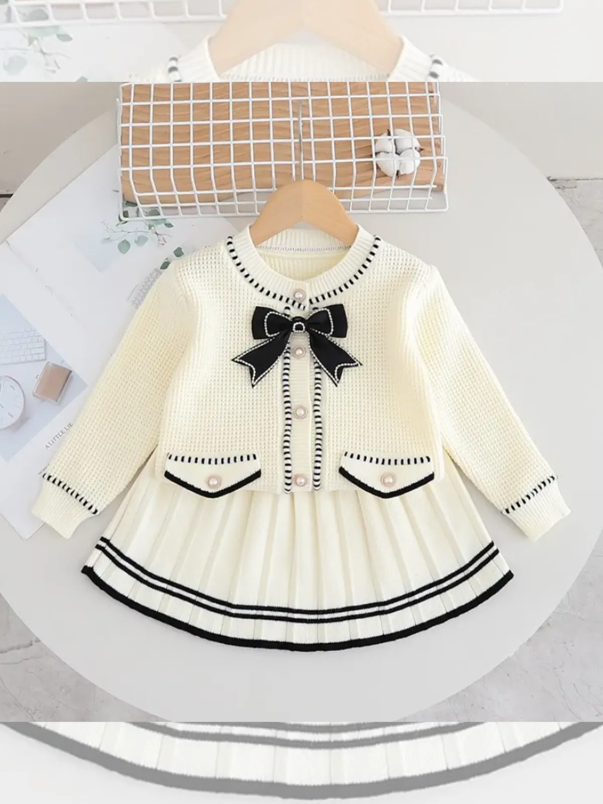 Classic Girls' Knit Cardigan and Skirt Set with Ribbon Bow