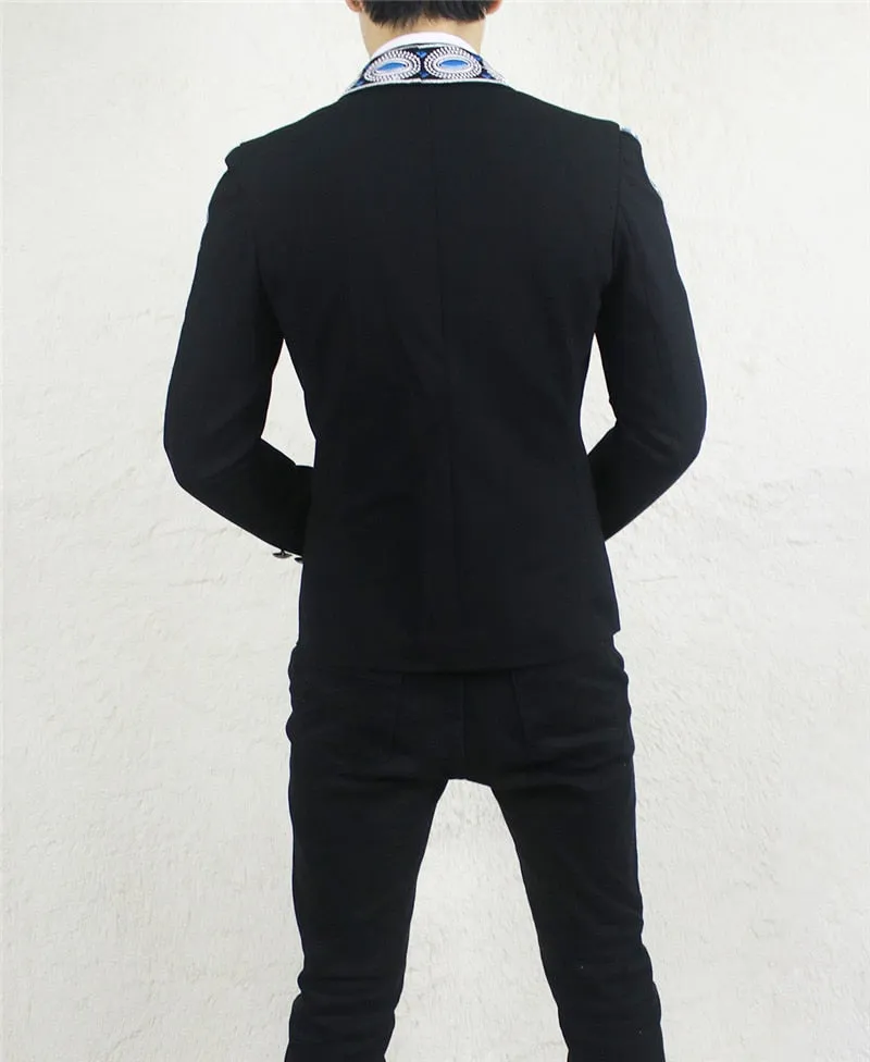 Collar Line and Sleeves Elliptical Embroidery Men Black Blazer