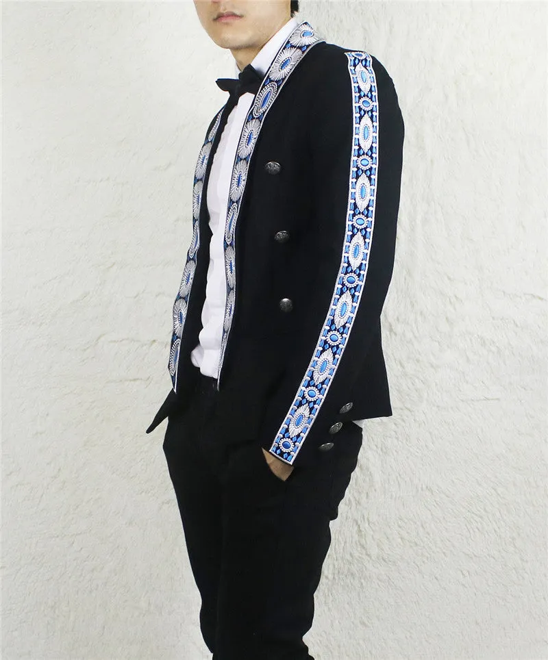 Collar Line and Sleeves Elliptical Embroidery Men Black Blazer