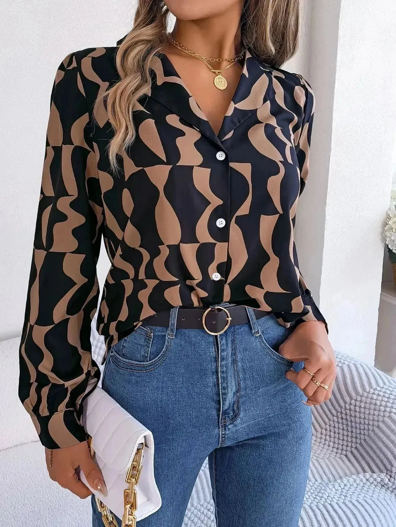 Commuting Elegant Contrast Color Striped Suit Collar Long Sleeve Shirt Formal Top for Women Office Wear Top