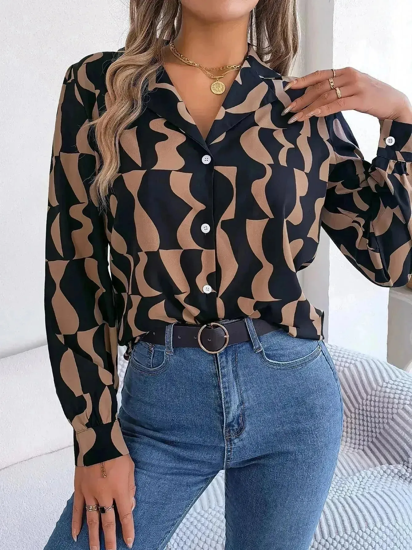 Commuting Elegant Contrast Color Striped Suit Collar Long Sleeve Shirt Formal Top for Women Office Wear Top