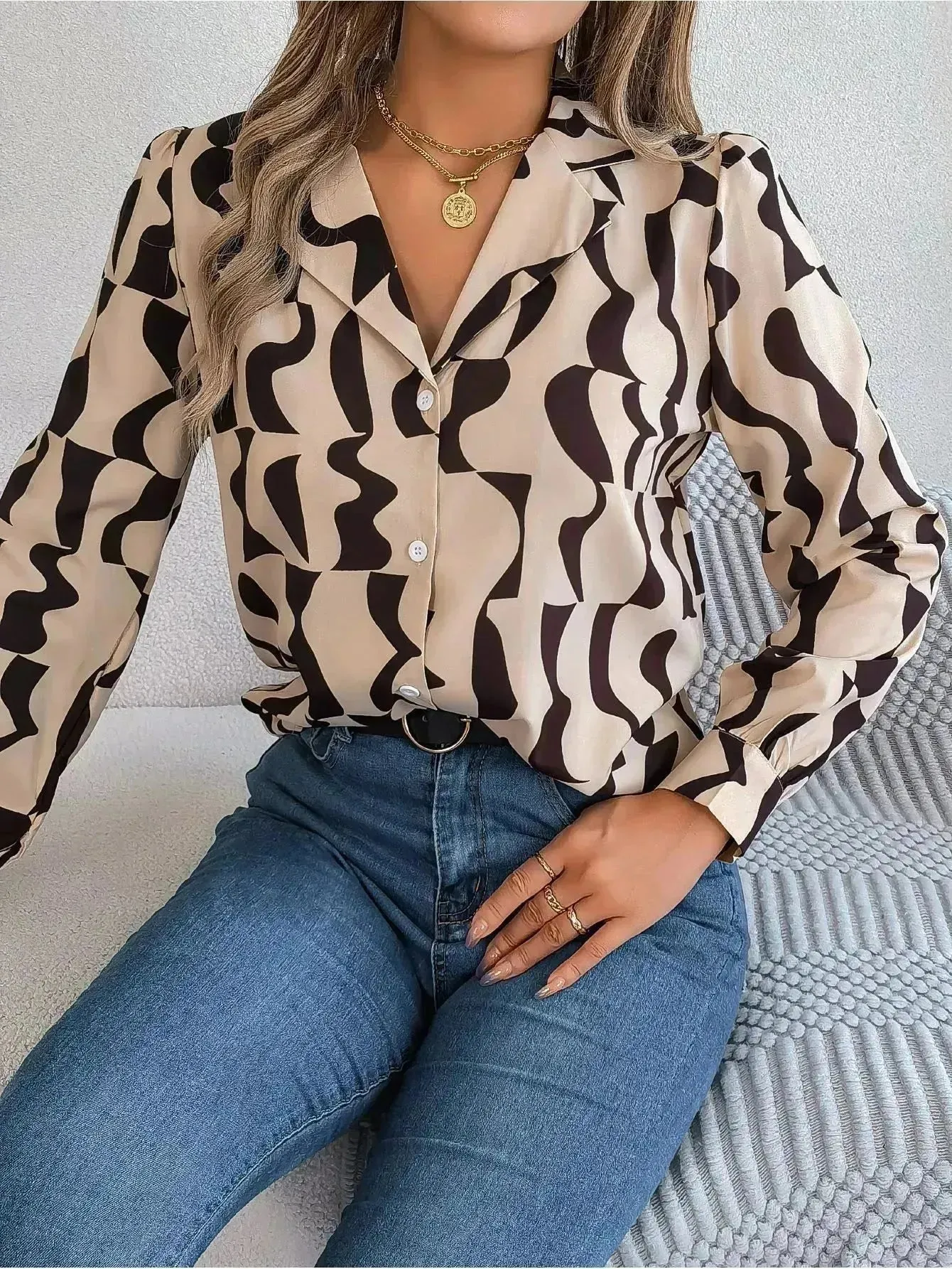 Commuting Elegant Contrast Color Striped Suit Collar Long Sleeve Shirt Formal Top for Women Office Wear Top