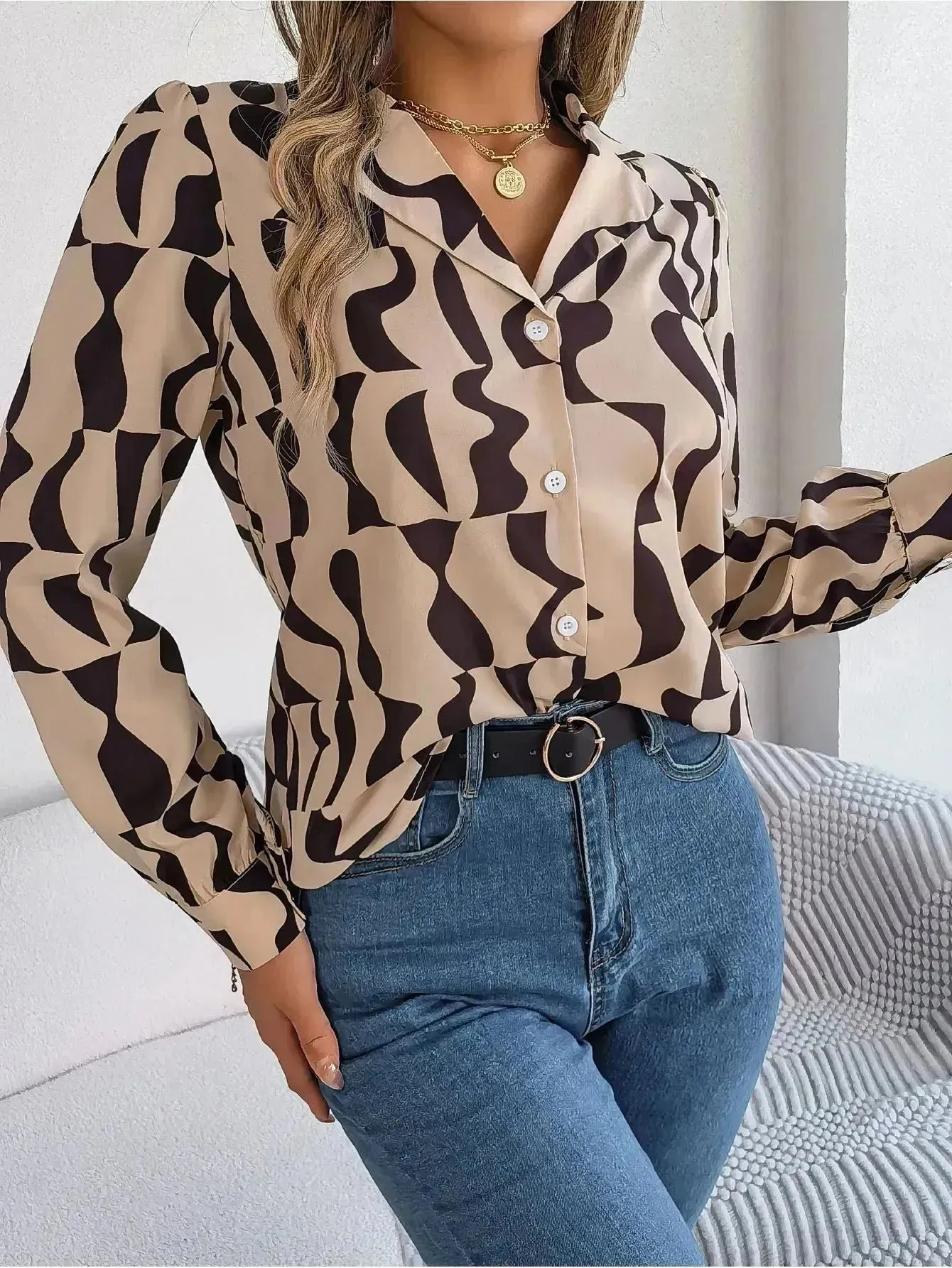 Commuting Elegant Contrast Color Striped Suit Collar Long Sleeve Shirt Formal Top for Women Office Wear Top