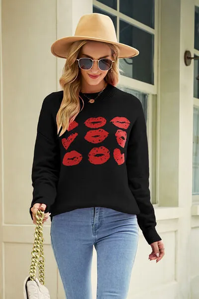 Contrast Lip Pattern Round Neck Slit Sweater