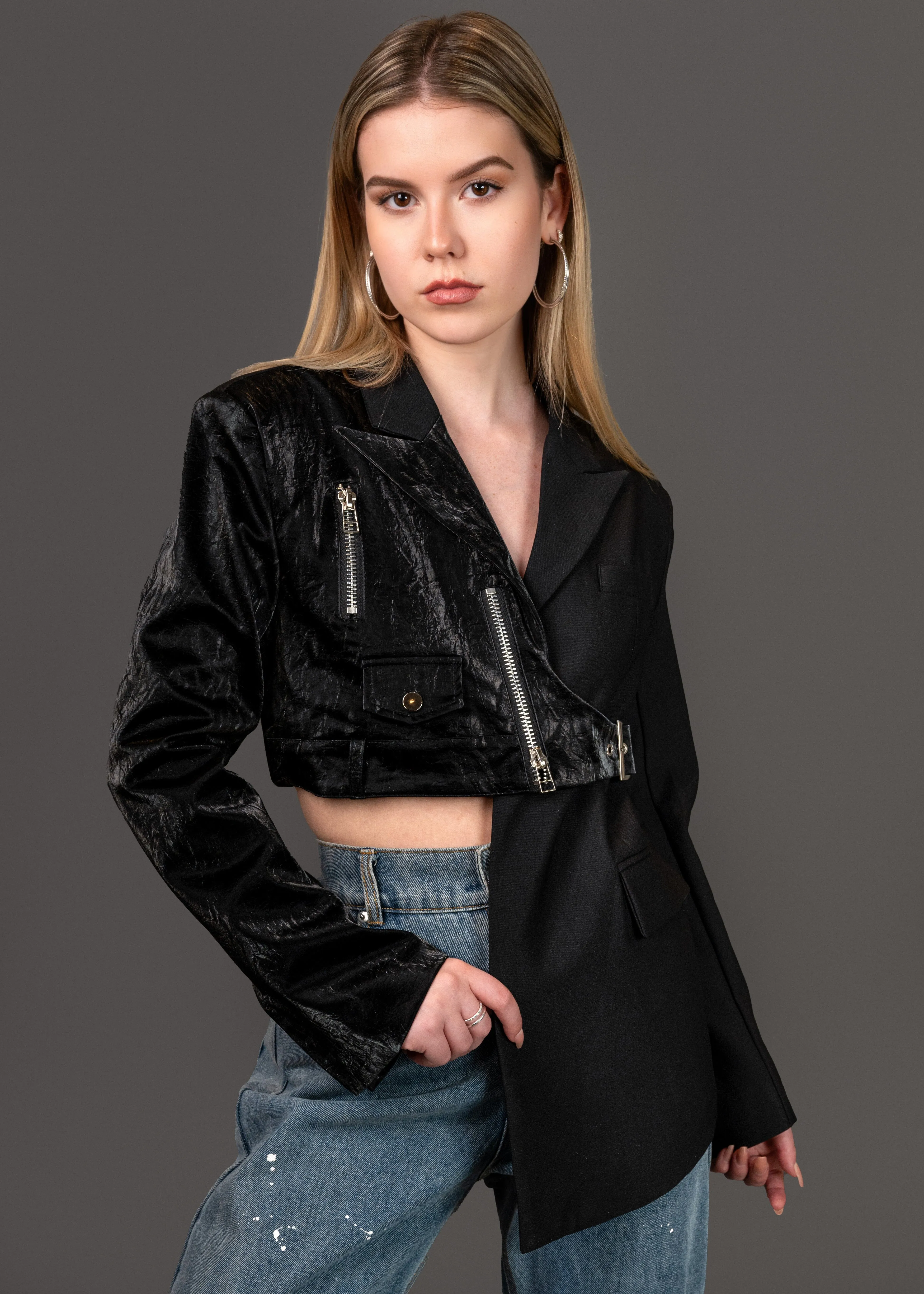 Contrast Patent Moto Blazer