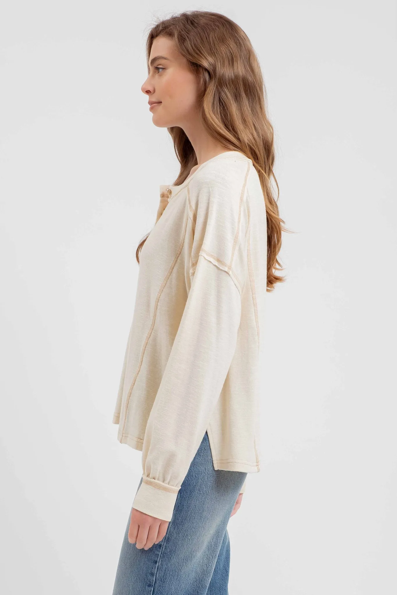 CONTRAST STITCH LONG SLEEVE HENLEY KNIT TOP