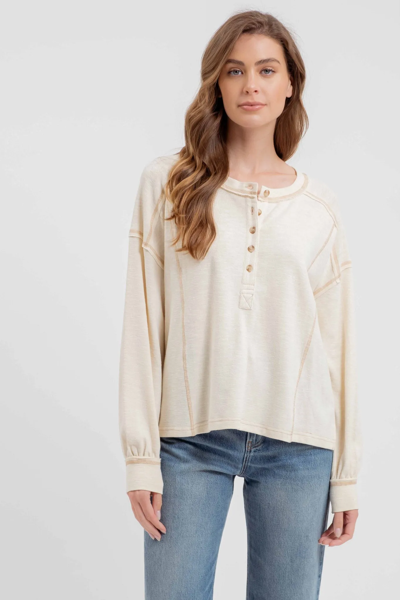 CONTRAST STITCH LONG SLEEVE HENLEY KNIT TOP