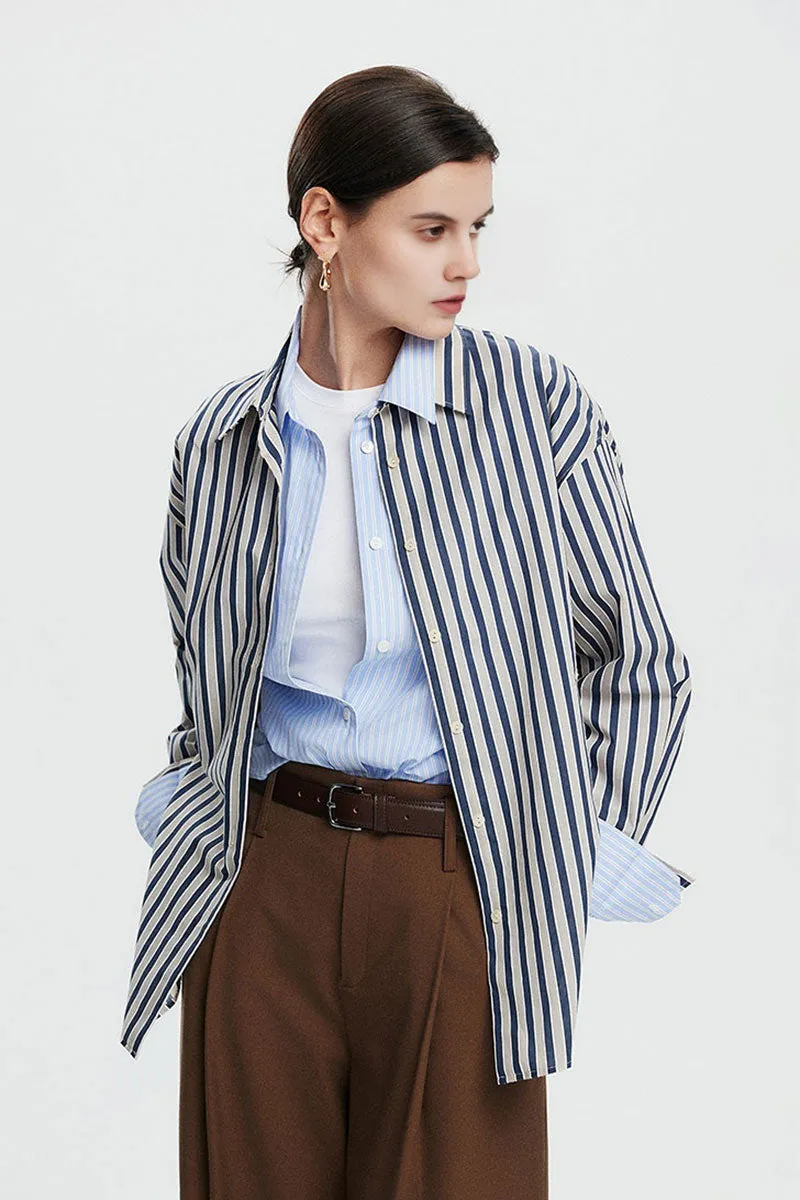 Convertible Oversized Fit Navy-White Striped Button-Up Shirt