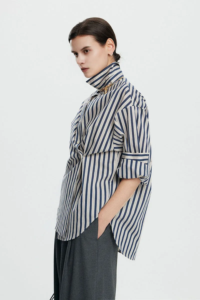 Convertible Oversized Fit Navy-White Striped Button-Up Shirt