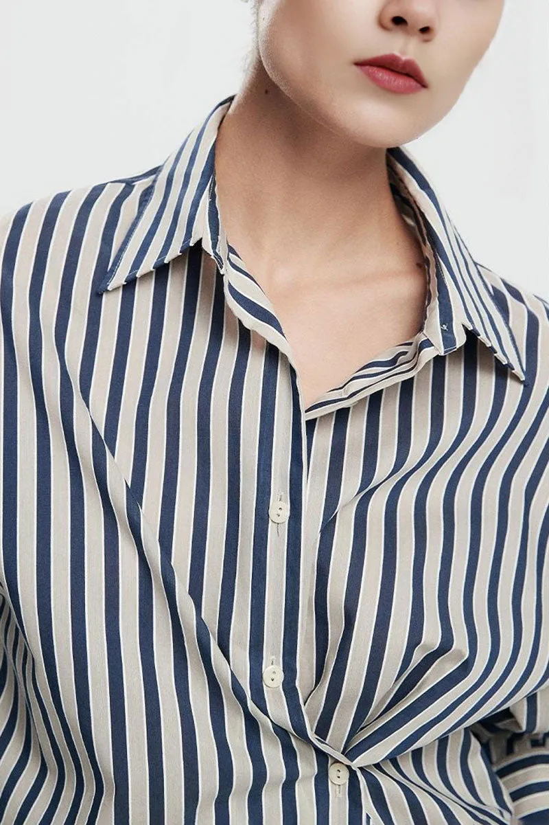 Convertible Oversized Fit Navy-White Striped Button-Up Shirt