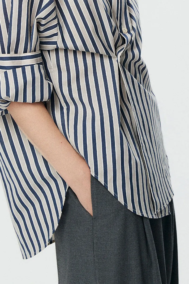 Convertible Oversized Fit Navy-White Striped Button-Up Shirt