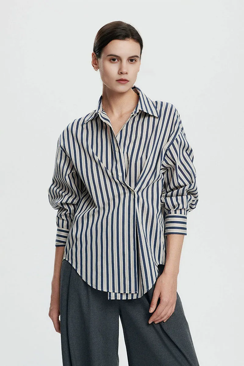 Convertible Oversized Fit Navy-White Striped Button-Up Shirt