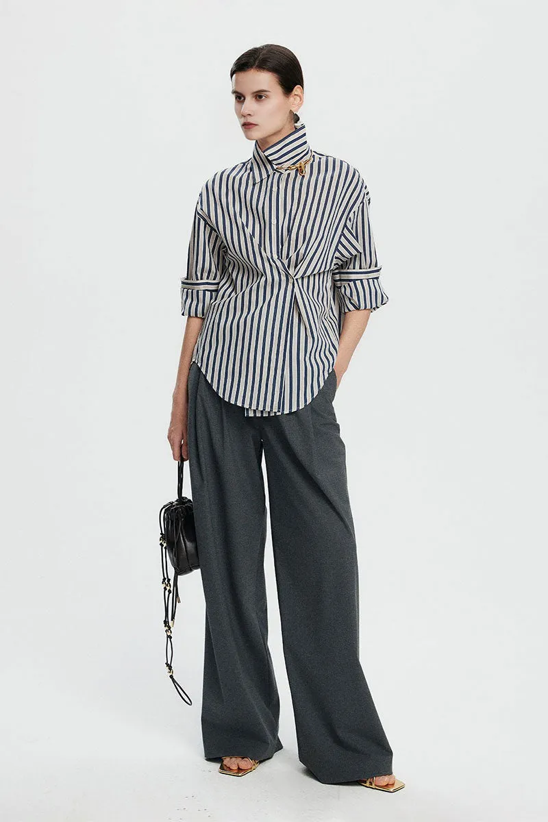 Convertible Oversized Fit Navy-White Striped Button-Up Shirt