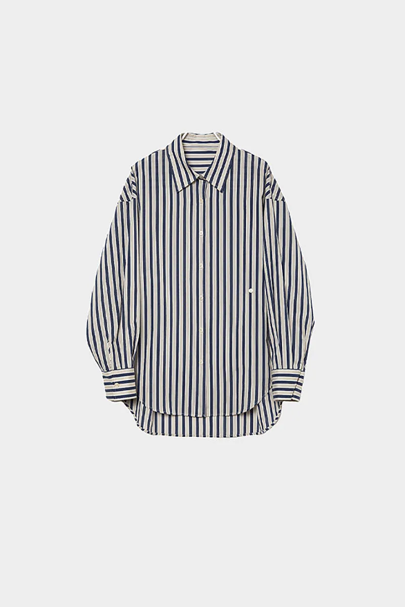 Convertible Oversized Fit Navy-White Striped Button-Up Shirt