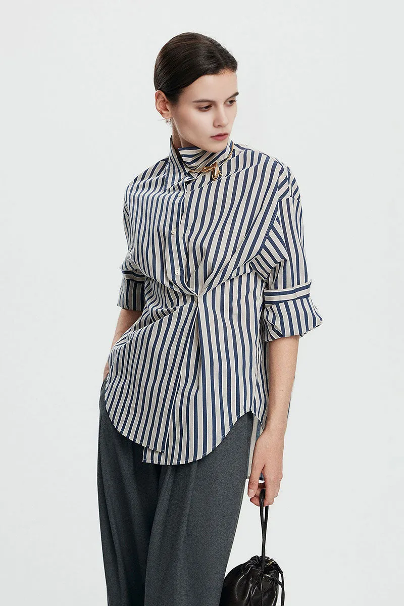 Convertible Oversized Fit Navy-White Striped Button-Up Shirt