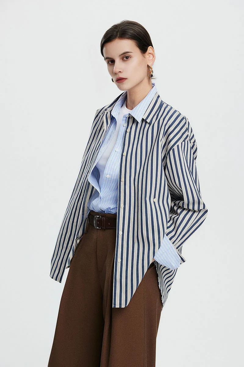 Convertible Oversized Fit Navy-White Striped Button-Up Shirt